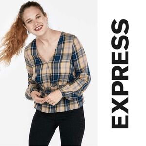 Express Plaid Surplice V-Neck Top - Long Sleeve Stretch Waist Blouse - Medium